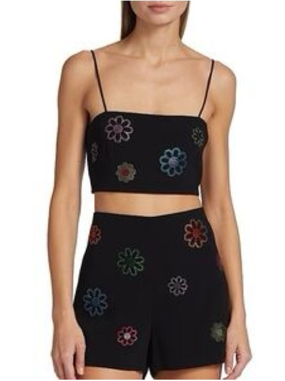 cinq a sept Black Floral Embroidered Crop Top with Multicolor Flowers